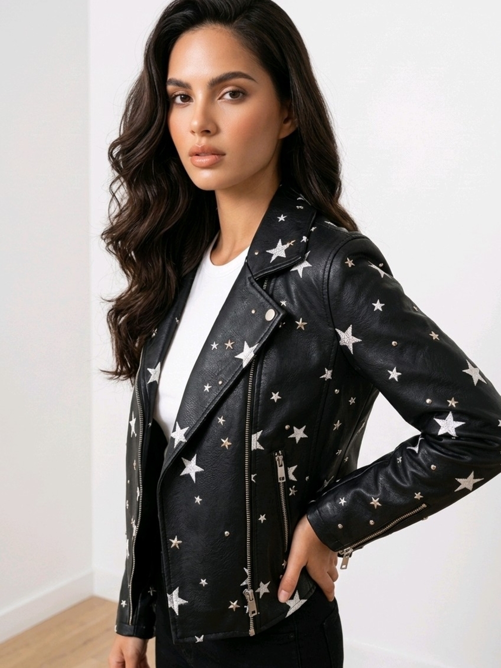 Vigoss Black Faux Leather Star-Studded Moto Jacket